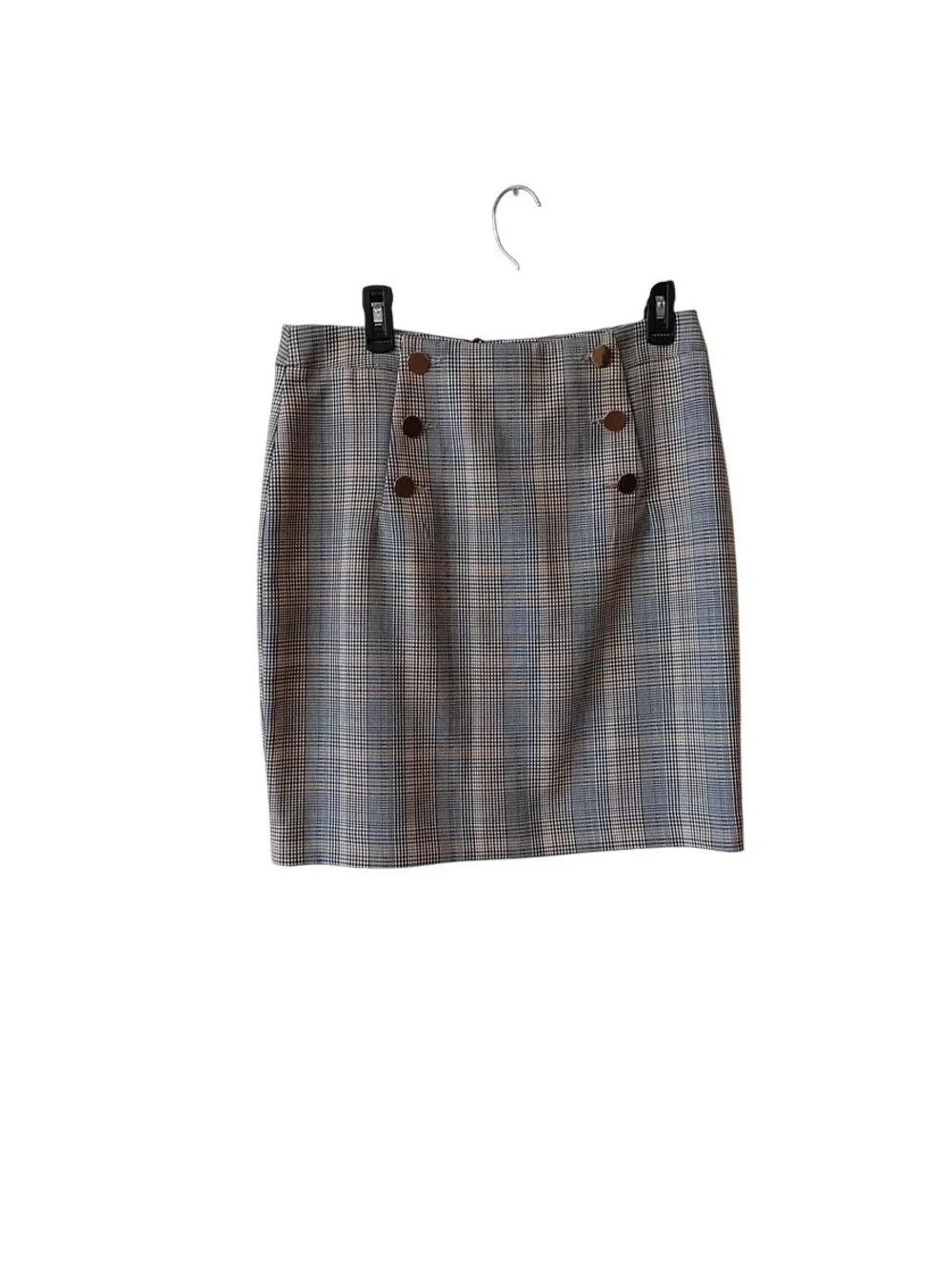 H&M Women's Tan Black Plaid Gold Buttons Zip Up High Waist Pencil Skirt Size 10